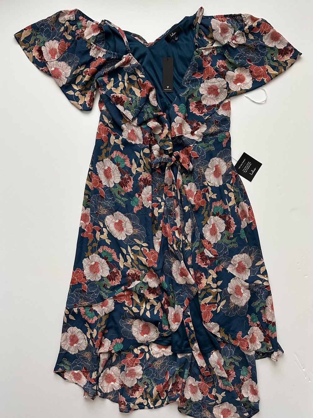 Lulu's Teal Floral Wrap Dress with Pink & Rust Blooms
